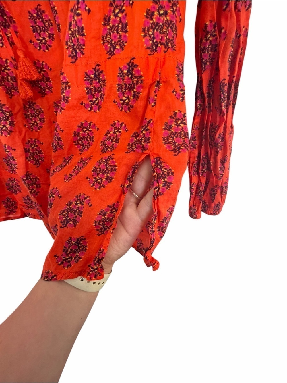 Tory Burch Evelina Floral Peasant Blouse Orange Pink Tassel Tie Cotton Size 6 - Picture 6 of 9